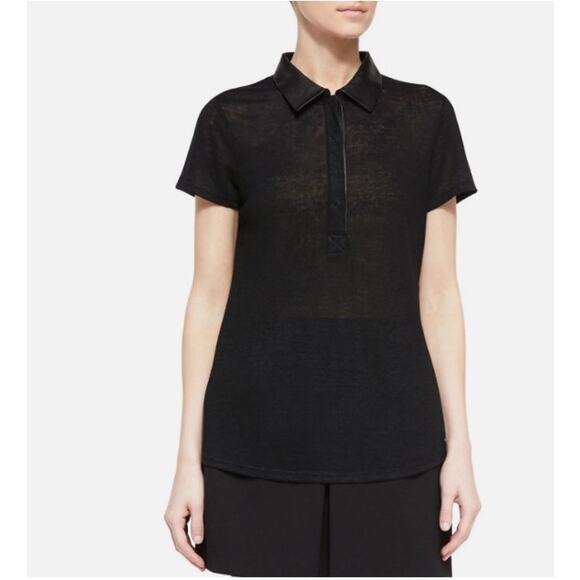 Vince Tops - Vince Faux Leather Trim Linen Black Top Size Small Short Sleeve $245 Lightweight